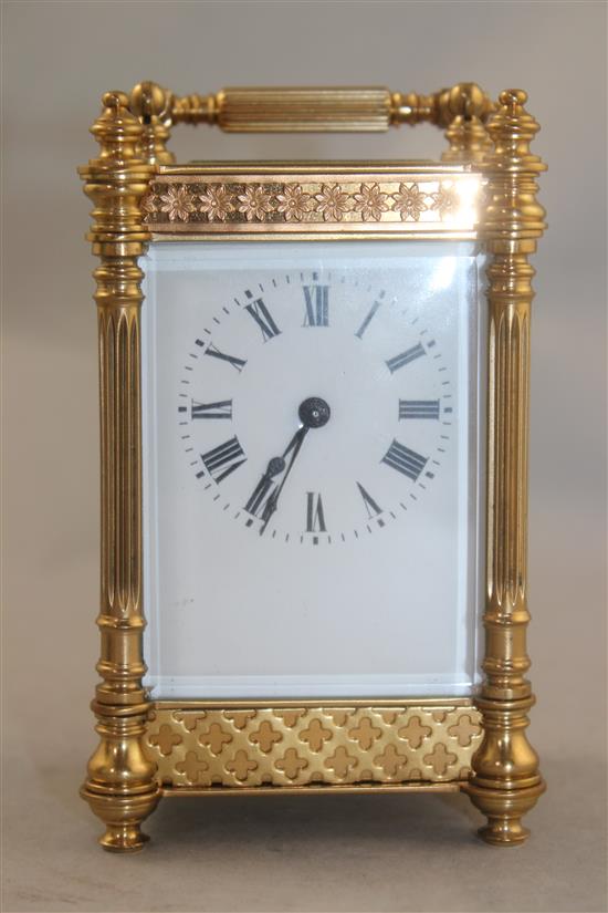 An Edwardian gilt brass carriage timepiece, 5.25in.